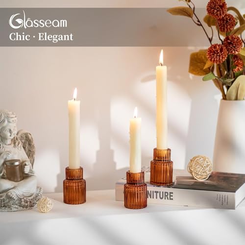 Glasseam Glass Tapered Candlestick Holders: Amber Ribbed Set of 2 for Table Centerpiece, Fall Decor, Christmas Party, Halloween, Thanksgiving - color: Amber