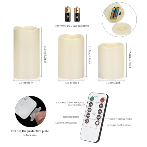 Flameless Candles 4" 5" 6" Set of 3 Ivory Outdoor Indoor Pillars 3" Diameter Battery Operated Flickering Candles Include 10-Key Remote Timer Function 400+ Hours Requires 2 AA Batteries（3 Pack) - color: Ivory Candle - Warm light, size: 3"D x 4"|5"|6" H - 3