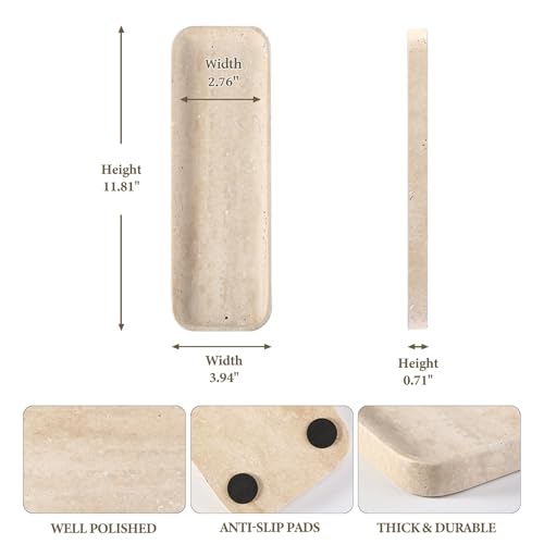 Koville Marble Tray, 12"x4" Marble Vanity Tray for Bathroom Kitchen Countertop Sink, Natural Stone Tray for Home Decor, Decorative Rectangular Narrow Catchall Tray for Jewelry Perfume - color: Travertino Romano, size: 12" x 4" x 0.7"