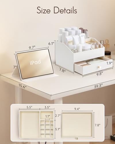 VLANDO Makeup Organzier,Vanity Organizer with Drawers, PU Leather Skincare Organizer Perfume Organizer,Large Cosmetic Display Case for Lipstick,Brushes Gifts for Women-White - color: 2 layers-White