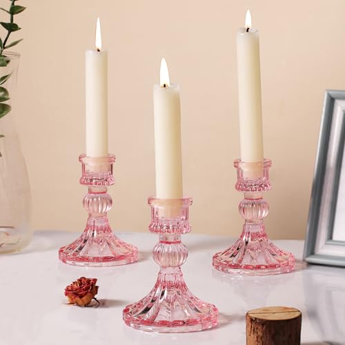 12PCS Pink Candlestick Holders Set- 4" H Taper Candle Holders, Glass Candle Holders Bulk for Wedding, Party, Home Table Centerpieces, Festival Gifts & Windowsill Decor - color: Pink Striped Pattern