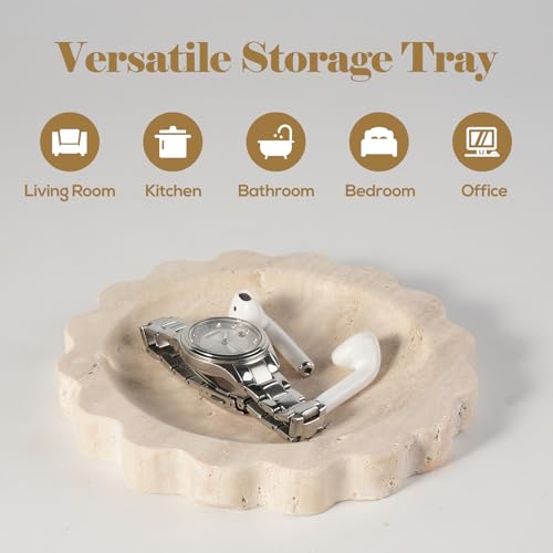 Koville 5.51" Travertine Tray, Natural Stone Trinket Dish for Ring Perfume, Round Scalloped Decorative Tray for Bathroom Vanity Dresser Countertop, Home Table Decor - color: Beige Travertine, size: D=5.51"