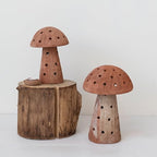 Creative Co-Op Handmade Vintage Reproduction Terra-Cotta Mushroom Shaped Candle Holder with Cut-Outs, Natural