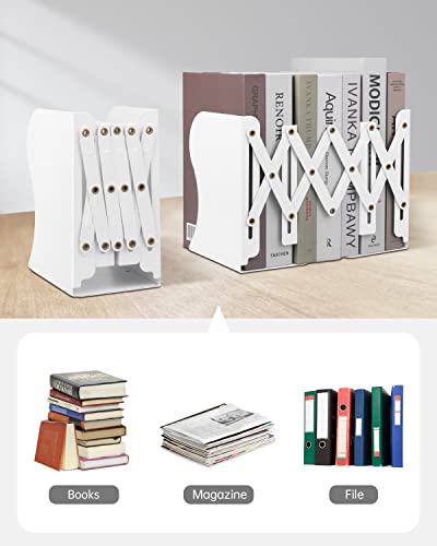 Honagu Adjustable Bookends, Metal Book Ends for Shelves Heavy Book, Desk Magazine File Organizer for Home, Office, Books, Papers, Extends up to 19 inches, for Students,Teachers (White) - color: White