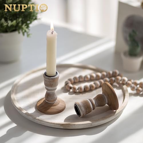 NUPTIO Taper Candle Holders Wood: Set of 2 Rustic Brown Wooden Candlestick Holder - Vintage Small Farmhouse Candles Stick Candleholder for Fall Christmas Home Living Room Table Decor