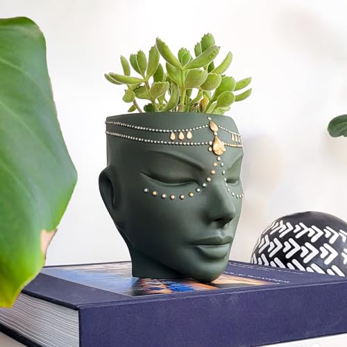 Head Planter - Indoor & Outdoor Home Decor Gifts for Plant Lovers - for Flat Surface or Wall Mount - Unique Face Planter for Flowers, Succulents, & More (7 inch, Serena Design, Green) - color: Serena Green