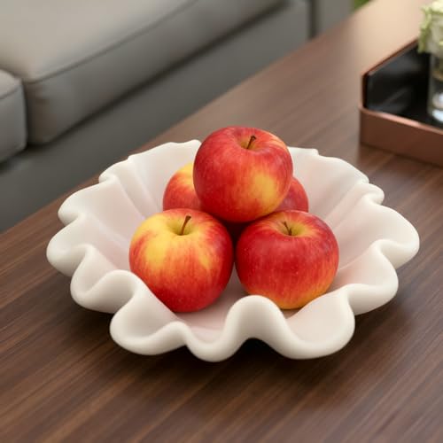 10" Large Handmade Decorative Bowl decor , Handicraft Scalloped Bowls for Modern Home Decor,Ruffle Decor,Key Bowl for Entry Table,Decorative Fruit Bowl for Kitchen Counter,Artificial Stone Milky White - color: Milky White, size: 10inch