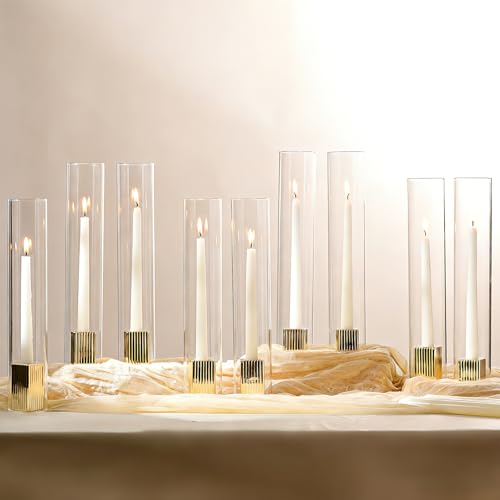 LETINE 14" Tall Hurricane Candle Holders with Gold Ribbed Taper Candle Holders Set of 9– Bulk Windproof Taper Candle Hurricane Glass for Outdoor&Indoors Wedding Centerpiece, Event & Home Decor - color: Gold, size: 14H"-9pcs+9pcs Taper Holder1.57"/2.36"/3.