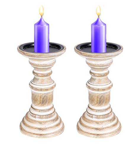 Rustic Farmhouse White Wash Wooden Candle Holders (Set of 2) - 7.5" Tall Pillar Stands, Vintage Shabby Chic Decor, Antique Finish, Handmade Decorative Table Centerpieces - White Wash - color: White Wash, size: 7.5 Inch