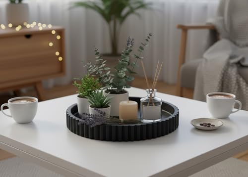 Concrete Decorative Tray for Coffee Table Tray Decor - Charcoal Black Round Decorative Tray - Circle Fluted Centerpiece Tray - Bandejas Decorativas - Water-Proof & Heavy-Duty