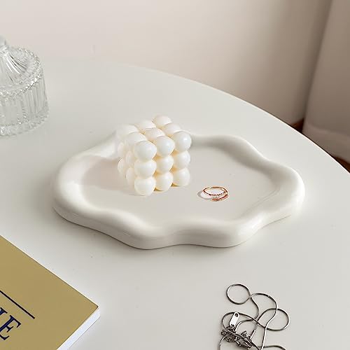 Ceramic Jewelry Dish for Women, Jewelry Tray Trinket Dish, Irregular Cloud Shape Ceramic Plate, Watch Keys Tray Ring Dish Holder for Mother's Day/Christmas/Thanksgiving/Birthday Gift(White) - color: White