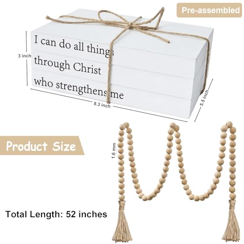 Decorative Books for Home Decor, White Faux Books for Decoration, Rustic Farmhouse Stacked Books with 52in Wood Bead Garland for Coffee Table Mantle Fireplace (I can do All Things Through Christ) - style: I Can Do All Things Through Christ