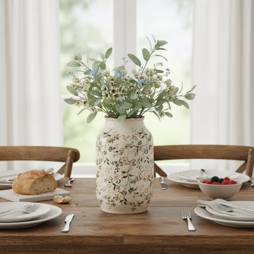 Green Vintage Vase, Chinoiserie Floral Vases for Flowers, Rustic Farmhouse Ceramic Vase for Home Decor, Living Room, Shelf, Office, Vintage Room Decor, 9 inch, White and Green - color: White and Green