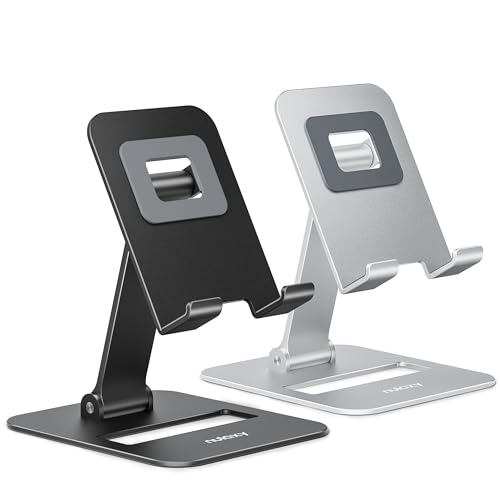 Nulaxy 2 Pack Dual Folding Cell Phone Stand, Fully Adjustable Phone Holder for Desk, Compatible with Phone 16 15 14 13 12 11, Nintendo Switch, All Phones, Black & Silver - color: Black & Silver
