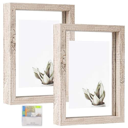 MUYE 5x7 Floating Frames Distressed Beige White Wood Pattern,Double Glass Picture Frame Display Any Size Photo up to 5x7,Wall Mount or Tabletop,2 Pack - color: Beige, size: 5x7