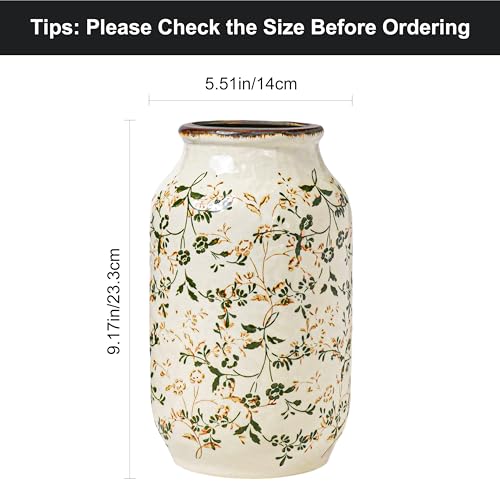 Green Vintage Vase, Chinoiserie Floral Vases for Flowers, Rustic Farmhouse Ceramic Vase for Home Decor, Living Room, Shelf, Office, Vintage Room Decor, 9 inch, White and Green - color: White and Green