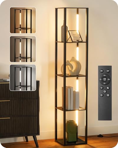 64.2" Display Shelf with Light, Modern Corner Floor Lamp with Shelves, 3000K-6000K LED Dimmable Standing Lamp with Remote for Living Room, Bedroom, Office, Adjustable CCT, Black Square B51LD05 - color: Black Square