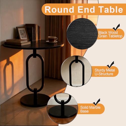 17In(W) x19In(H) Black Round Side Table Heavy Duty Modern End Table Stable Sofa Side Table Marble Base Accent Coffee Table Nightstand for Living Room Bedroom - color: Black-a