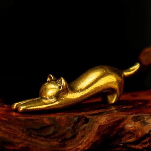 CHOVY 100% Solid Brass Stretching Cat Sculpture - Retro Desktop Decor Collectible Figurine for Office & Home Minimalist Art Deco Curio Vintage Stretching Feline Statue - color: Simple Cat