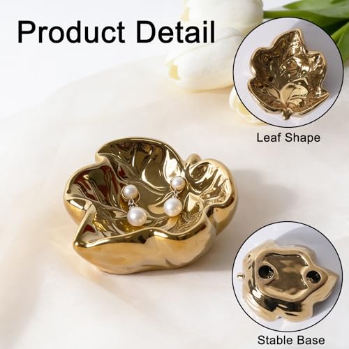 Jewelry Tray, Ceramic Leaves Jewelry Dish, Ring Holder Dish, Small Trinket Tray, Washable Key Bowl (1, Golden) - color: Golden
