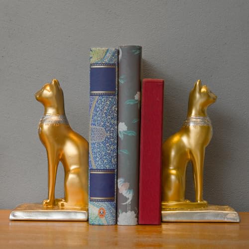 Book Ends Retro Cat Decorative Bookends, Vintage Antique Heavy Duty Egyptian Cat Hold Books Collectors, Black Decor for Office/Shelves/Living Room Father (Gold) - color: Gold