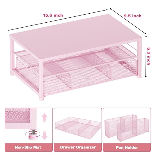 OPNICE Desk Organizers and Accessories, 2-Tier Computer Monitor Stand Riser with Drawer and 2 Pen Holders, Laptop Stand, Office Desk Accessories & Office Decor for Women, Pink - color: Pink 1-Pack