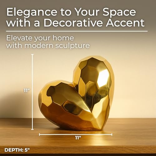 Decorative Ceramic Heart Sculpture for Home Decor - Ornament for Bathroom, Office, and Living Room Decor - Modern Figurine Accent for Bedroom, Shelf Display, and Coffee Table - 11", Gold & Metallic - color: Gold, size: 11x5x11
