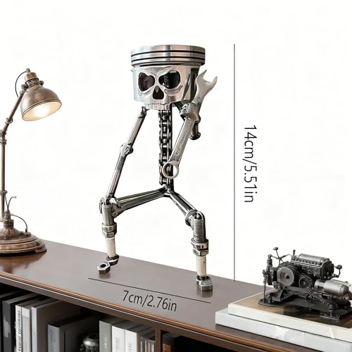 Carving Piston Face Sculpture Metal Art Figurine,Carved Skeleton Sculpture Ornaments,Handmade Man Head Statue Office Home Table Desk Decor, SliverCarving Piston Face Sculpture