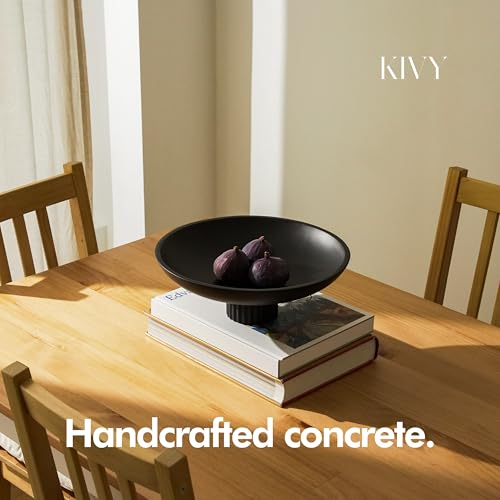 KIVY Concrete Fruit Bowl for Kitchen Counter - Large Decorative Bowl for Home Decor - Black Pedestal Bowl - Decorative Bowls for Home Decor - Black Kitchen Island Decor - color: Black, style: Ribbed