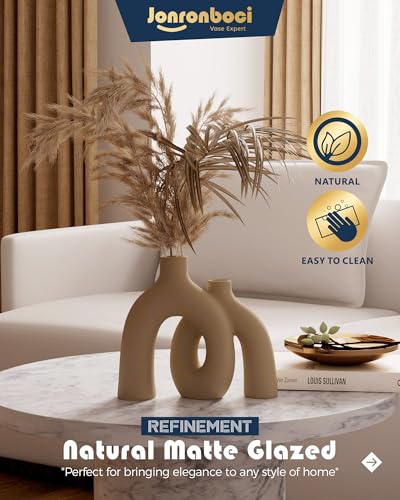 Hug Donut Decorative Vase Set - Tan Modern Rustic Farmhouse Style Vases Home Decor,Matte Ceramic Decorations for Living Room Shelf, Bookshelf Mantle Entryway Table Centerpiece or Console Décor(Brown) - color: Brown