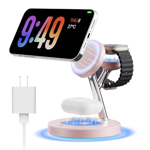 New 3 in 1 Charging Station for Apple Compatible with Magsafe Charger Stand for iPhone 17 16 15 14 13 12 Wireless Charging Station for AirPods Wireless Charger for iWatch Series - color: Pink