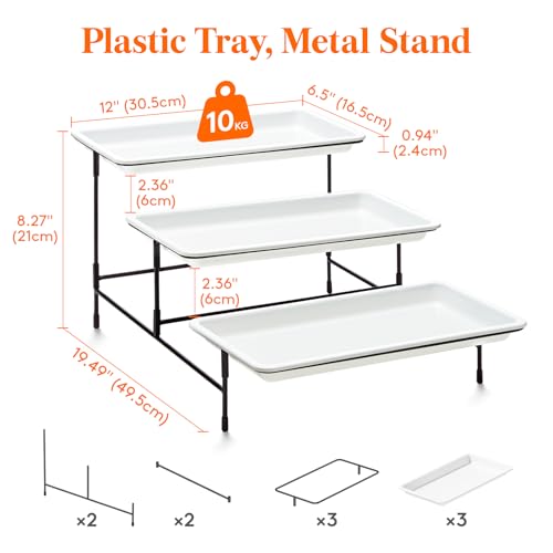 Lifewit 3 Tier Serving Tray, 30 x 17 cm/12 x 6.5" White Plastic Tiered Food Serving Platters, Tiered Tray Stand for Party with Black Collapsible Metal Stand, Dessert Display Stand for Cookies/Crackers - size: 12" x 6.5", style: Basic