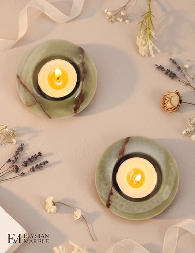 Tealight Candle Holders Set of 2 – Handcrafted Natural Marble Tea Light & Votive Holders, Decorative Stone Candle Holder Pair for Home Décor, Dining Table, Coffee Table & Wedding Decor - color: Green, size: 3" Inches