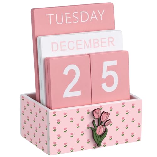 AceOrbit Pink Tulip Wood Block Perpetual Calendar Coquettish Desk Decor Cute Month Week Date Display Decorative Block Calendar for Women Office Home Desk Gift for Women - style: Pink Tulips