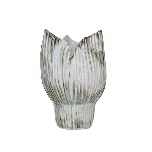 Bloomingville Stoneware Pleated Sculptural Vase with Reactive Glaze, Green and White