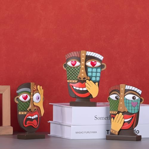 XINGYAN Abstract Resin Face Statues Set of 3–Handmade Modern African Art Sculpture Decor, Creative Weird Art Room Decor for Contemporary Shelf & TV Stand–Small Modern Decorative Items (Set A)