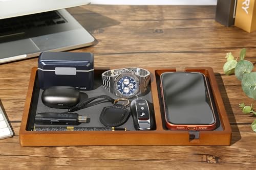 Shinpuru Wooden Valet Tray for Men, Nightstand Organizer with Leather Inlay, EDC Essentials Catchall Tray for Keys, Phone, Wallet, Watch, Earbuds - Bedside Desk Entryway Tray (Wood-Phone) - color: Brown-Ph