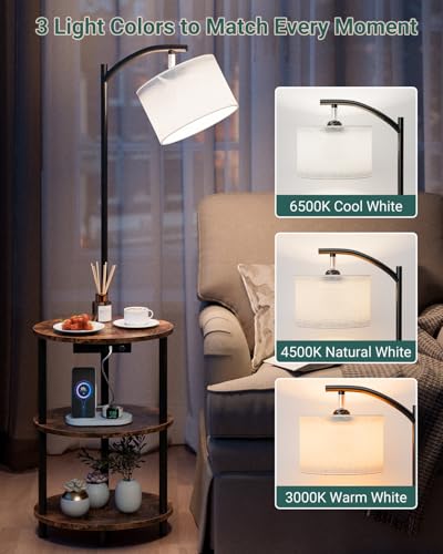 Round Side Table with Lamp and USB Ports, 3-Tier Small End Table for Living Room & Bedroom, Rustic Wood Metal Nightstand for Small Spaces, Easy to Assemble, Rustic Brown - color: Rustic Brown, size: 1-Pack, style: Built-in Charging + Lighting