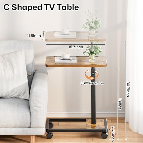 Adjustable TV Tray Table - 360° Rotating C Shaped End Side Table Sofa Couch Bed Table with Wheels for Eating Living Room Laptop - color: Brown
