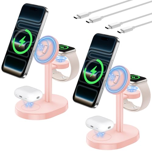 2 Pack Hevanto 2026 3 in 1 Wireless Charging Station for Apple MagSafe Charger, 15W Fast Magnetic Mag-Safe Charger Stand for iPhone 17 16 15 14 13 12 iWatch AirPods (Adaptor Not Included) - color: 2Pack_MagPink
