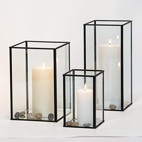 yshengood Large Glass Hurricane Candle Holder Set of 3 PCS, Black Frame and Glass Hurricane Candleholders - size: 3-Piece Set (3 Large)