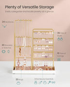 SONGMICS Jewelry Holder, Jewelry Storage Organizer Stand with Metal Frame, Velvet Tray, 12.1 to 18.7 Inches Tall Height Adjustable Necklace Holder, for Rings, Earrings, Pale Gold UJJS026A01 - color: Pale Gold