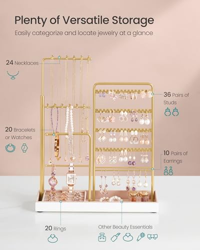SONGMICS Jewelry Holder, Jewelry Storage Organizer Stand with Metal Frame, Velvet Tray, 12.1 to 18.7 Inches Tall Height Adjustable Necklace Holder, for Rings, Earrings, Pale Gold UJJS026A01 - color: Pale Gold