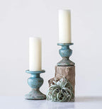 Creative Co-Op Small Distressed Blue Terracotta Pillar Candle Holder - color: Blue, size: 4.5" W x 5.25" H