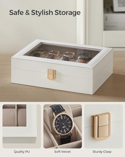 SONGMICS Watch Box, 10-Slot Watch Case Organizer with Large Glass Lid, Removable Pillows, Gift for Loved Ones, Cloud White Synthetic Leather, Cappuccino Beige Lining UJWB010W01 - color: Cloud White + Cappuccino Beige, size: 10 Slot