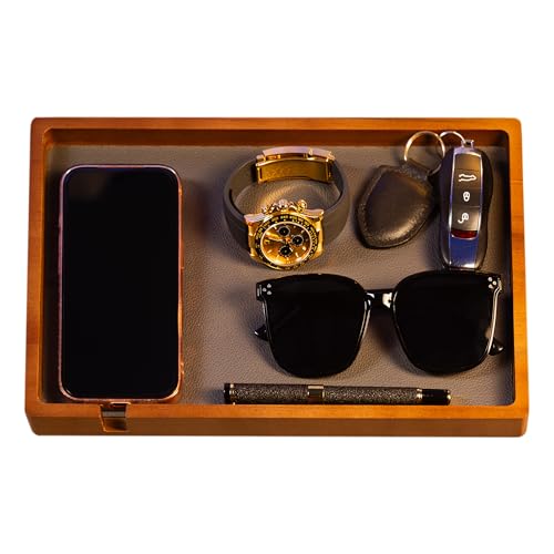 Shinpuru Wooden Valet Tray for Men, Nightstand Organizer with Leather Inlay, EDC Essentials Catchall Tray for Keys, Phone, Wallet, Watch, Earbuds - Bedside Desk Entryway Tray (Wood-Full) - color: Brown-F
