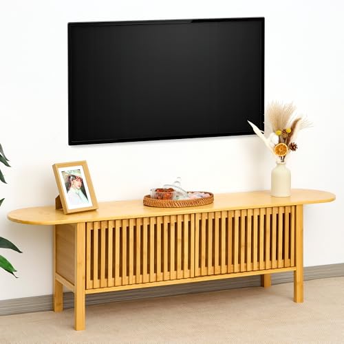 Bamboo TV Stand for TVs up to 65", Accent Entertainment Center with Storage, Media Console Table with Fence Door, Modern TV Stand for Living Room, Bedroom, 55"(L), Burlywood - color: Burlywood Fence Door