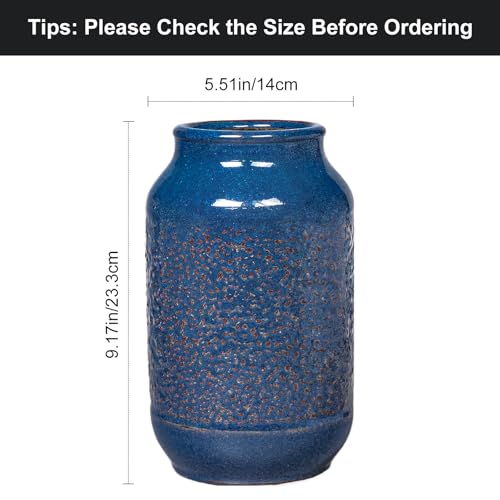 Blue Ceramic Vase for Home Decor, 9 Inch Modern Farmhouse Vase, Decorative Vases for Pampas Grass, Fireplace, Living Room, Bathroom, Tabletop, Kitchen, Office, Farmhouse Decor - color: Rustic Blue