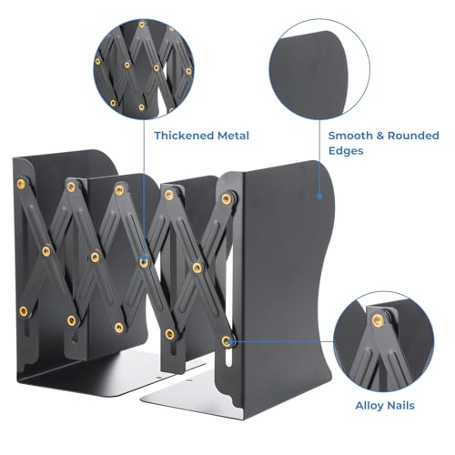 M&G Adjustable Bookends Book Ends for Shelves, Metal Bookend for Heavy Books, Desk Magazine File Organizer Holder Extends up to 20in, Book Stopper for Home, Office, Classroom (Black) - color: Black