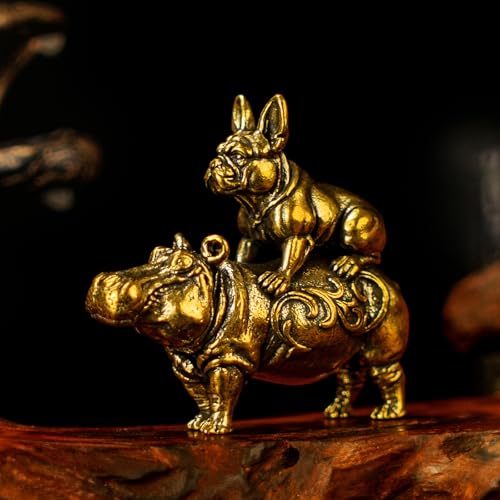 CHOVY Whimsical Brass Animal Sculpture - French Bulldog on Hippo Figurine, Solid Metal Handmade Vintage Collectible, Unique Desk Curio for Office, Shelf Display & Humorous Gift for Pet Lovers - color: Hippo and French Bulldog